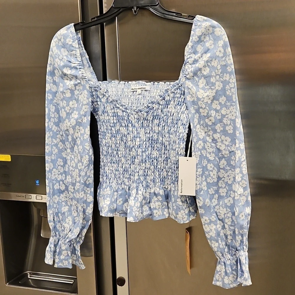 💕REFORMATION💕 Cambria Linen Top ~ Sofie Blue Floral Print Small S NWT - Picture 6 of 14